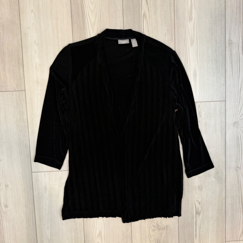 Travelers by Chicos Black Pleated Open Front Cardigan Jacket Size 3 XL 3/4 Slv